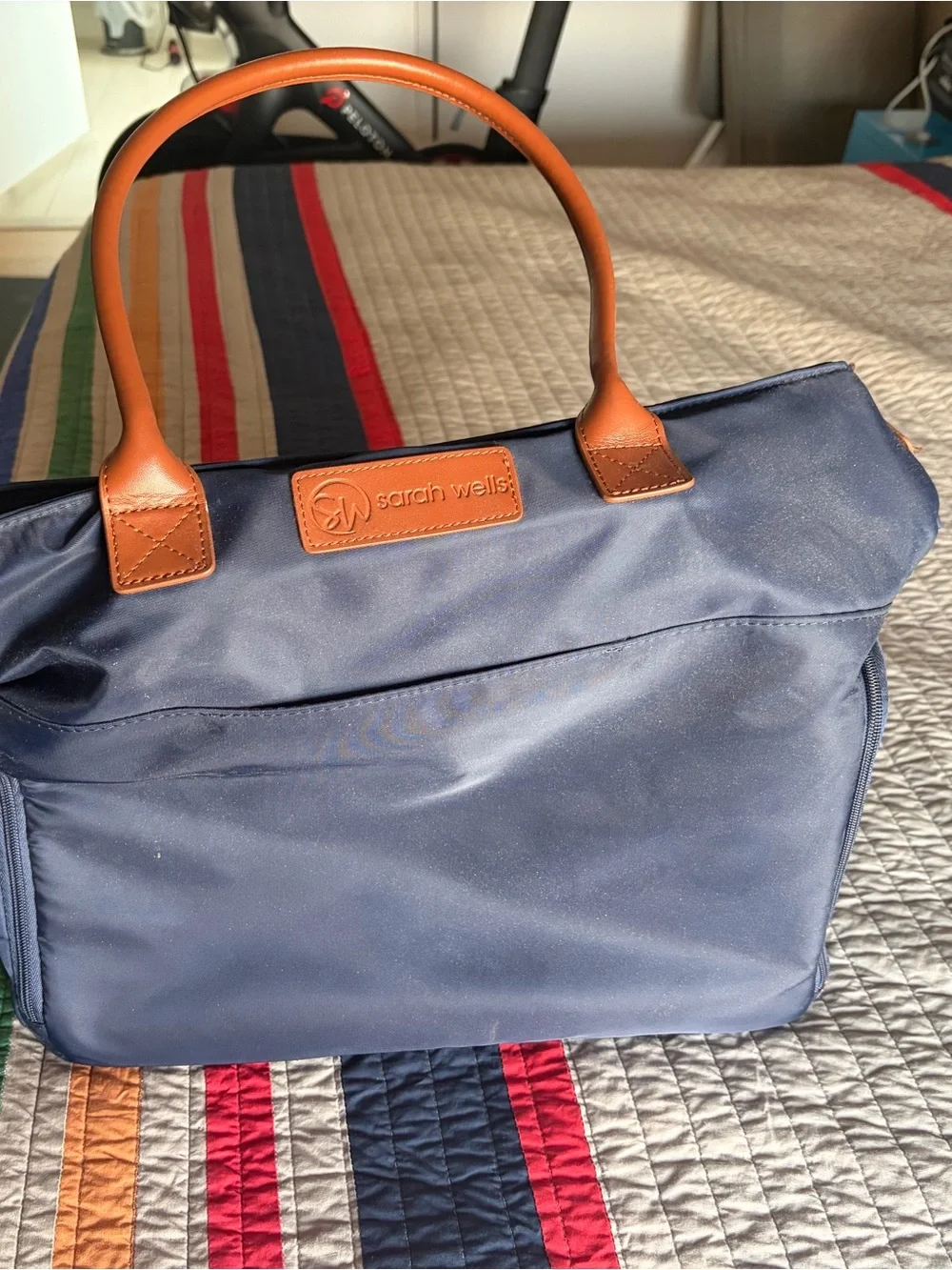 Sarah Wells Pump Bag Navy Tote with Tan Leather Handles